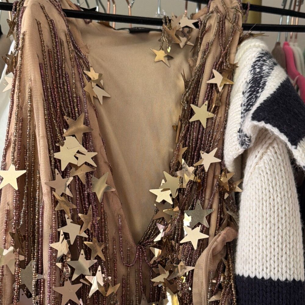 Nasty Gal Women's Beige Mesh Sheer Star Sequin Beaded Mini Dress Top US 6 - Picture 5 of 9